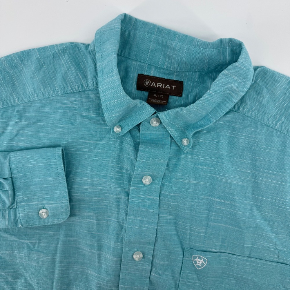 Ariat Mens XL Long Sleeve Button Down Shirt Turquoise Blue Cotton Slub Western